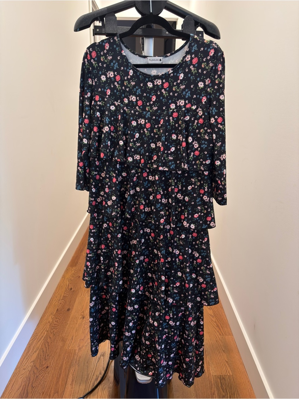 Nuggles floral Tiered Black Dress with Pink Flowers